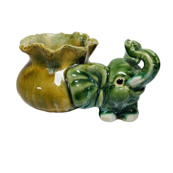 Majolica Glazed Elephant Planter Art Pottery VTG Succulent Ruffled Pot Vase Deco - Picture 12 of 13